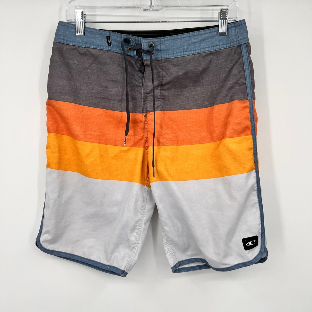 ONeill Mens Board Shorts Sz 29 Sunset Stripe Colorblock Swim Trunks Orange Gray